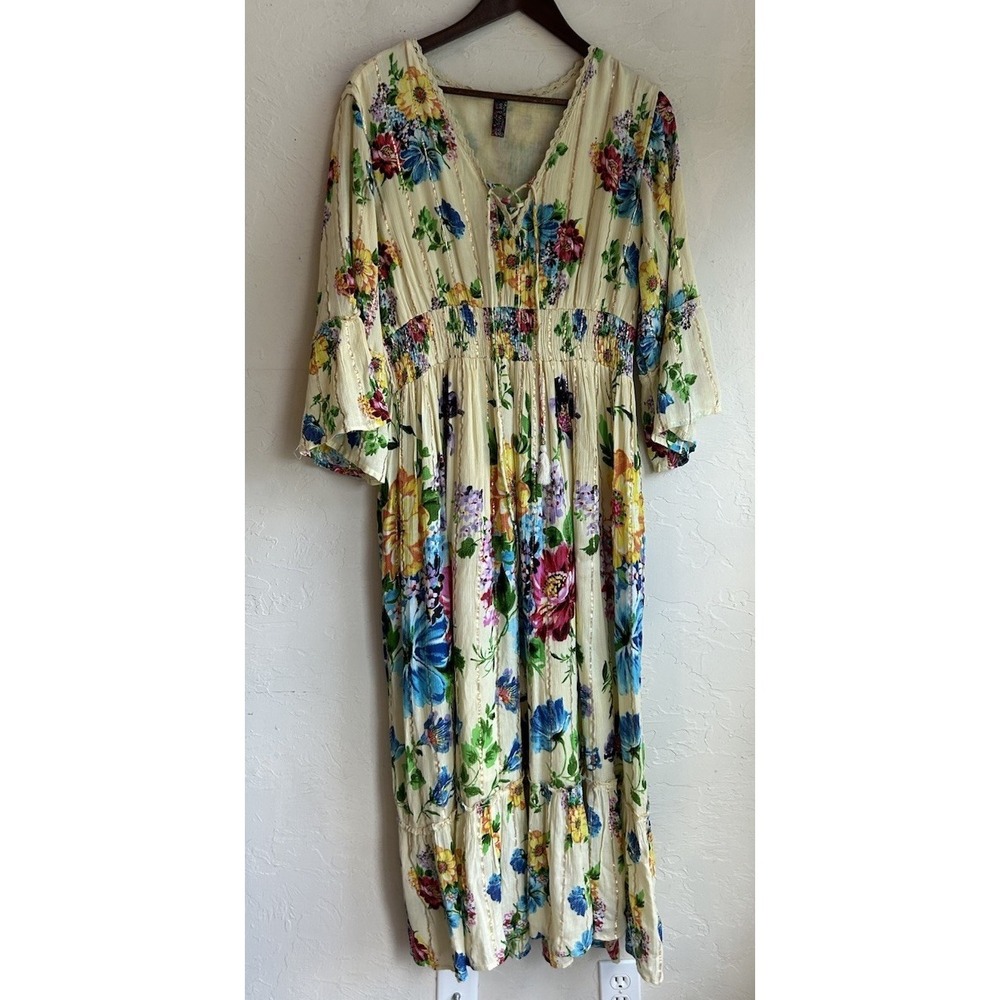 Me 2 Magic Tiered Floral Midi Maxi Dress 1X Crochet Romantic Smocked Bell